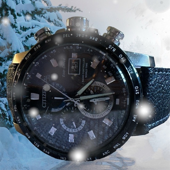 CITIZEN H820-S103959 world time eco-drive black solar quartz mens leather watch - Picture 11 of 11